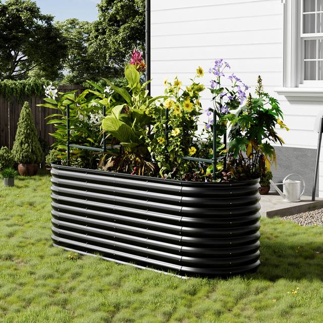 Anthracite Oval-Shaped Galvanized Steel Raised Garden Bed Outdoor Use Only