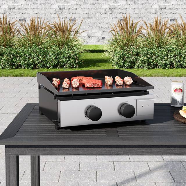 Dual-Burner 17-Inch Gas Teppanyaki Grill with Enamel Plate and Stainless Steel Controls