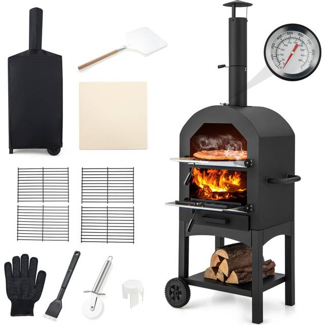 Portable Pizza Oven Outdoor Grill w/ Waterproof Cover & Thermometer