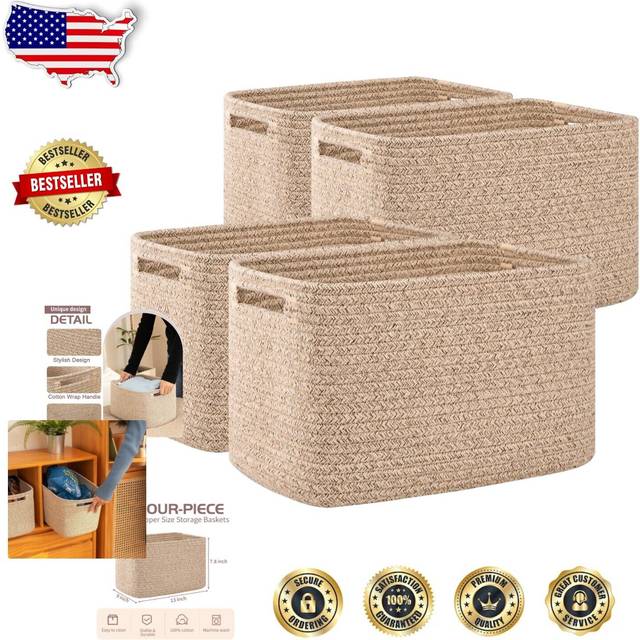 OIAHOMY 4 Pack Storage Baskets for Organizing  Cube Storage Bins for Shelves  Rectangle Storage Baskets With Handles  Woven Baskets for Storage  12.7'