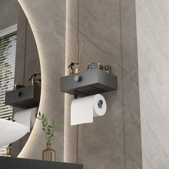 Toilet Paper Holder With Shelves And Drawers, Wall Mounted Self Adhesive Toilet Paper Dispenser - Grey (10cm W X 10cm D)