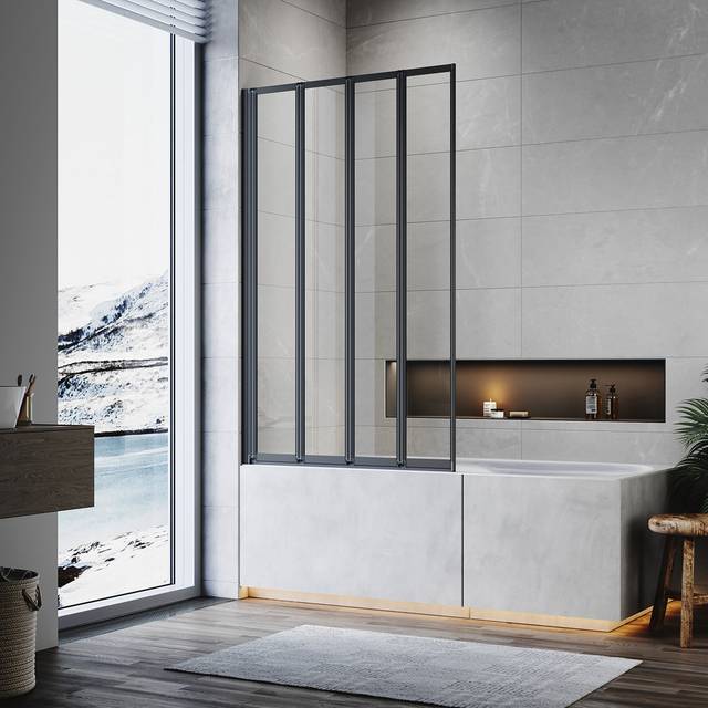 Azmina 890mm - 900mm W x 1400mm H Pivot Framed Tub Door with Clear Glass - Matte Black (1,400mm H X 900mm W)