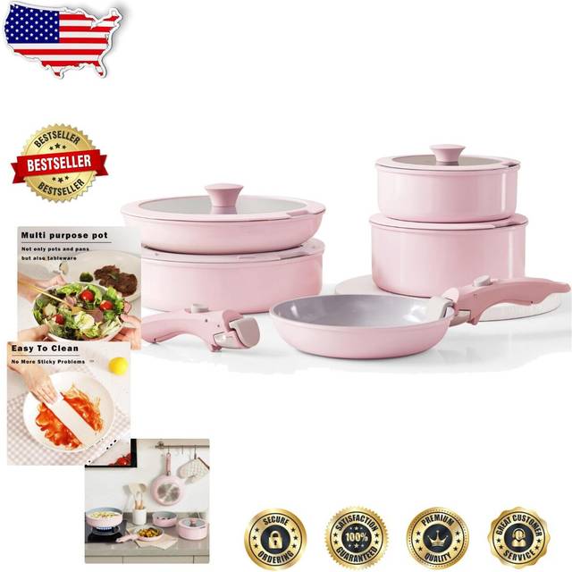 Vkoocy Pink Non Stick Pot and Pan Sets with Removable Handle, Ceramic Cookware Set Detachable Handle, Induction Kitchen Camping Stackable Pots Pans,