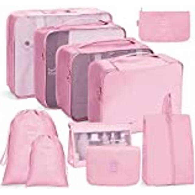 Researrangör resväska packkuber 10 st/set, familjebagage organiserare nödvändighetsväska, vattentät kompressionspåse för kläder, skor, kosmetika, Rosa