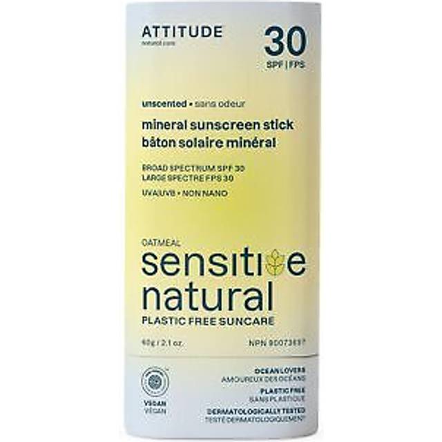 ATTITUDE Mineral Sunscreen Stick for Sensitive Skin SPF 30 EWG Verified Plastic-Free Broad Spectrum UVA/UVB Protection with Zinc Oxide Dermatologicall