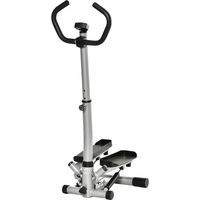 HOMCOM Stepper med handtag fitness motionscykel för hemmet liten träningsutrustning för ben- och po-träning med LCD-skärm justerbar hastighet metall ABS svart silver 55 x 53 x 118–128 cm