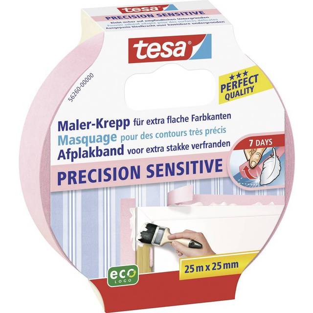 tesa Malerband TAPETEN – Dünnes Abdeckband für präzises Abkleben – geeignet für empfindlichen Oberflächen im Innenbereich – 25 m x 25 mm