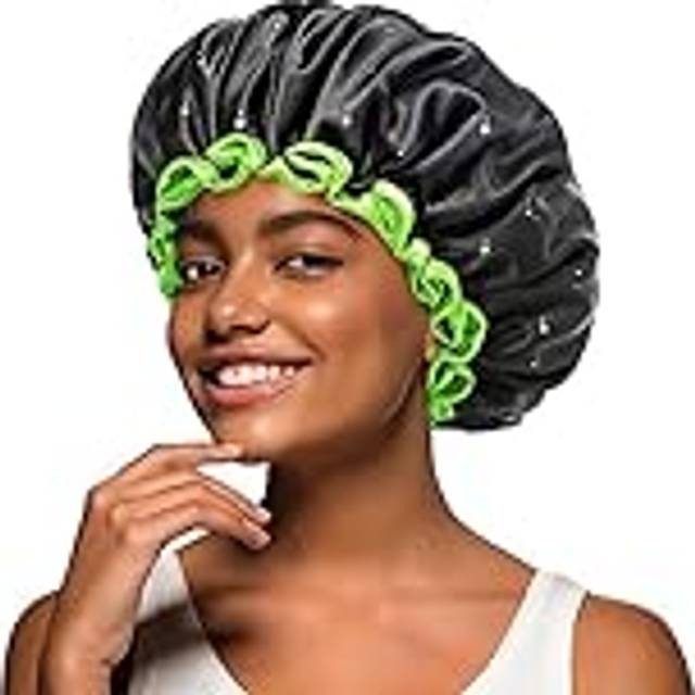 Black Shower Cap for Women, Men & Girls, 2 Packs, Reusable, Double Layers Waterproof Bathing Shower Hat with Soft Comfortable PEVA Lining, non-fading,