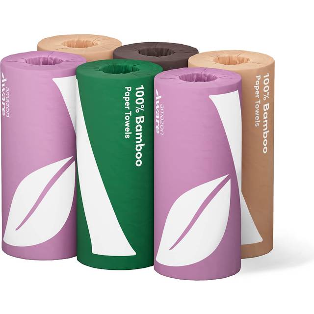 Amazon Aware 100% Bamboo Paper Towels  6 Rolls  2 ply  FSC Certified  150 Sheets  900 Count  Plastic-Free  Multicolor