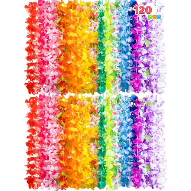 JOYIN 120 Counts Hawaiian Leis Bulk  Colorful Tropical Flower Leis for Kids Adults Hawaiian Beach Luau Party Favors Decorations