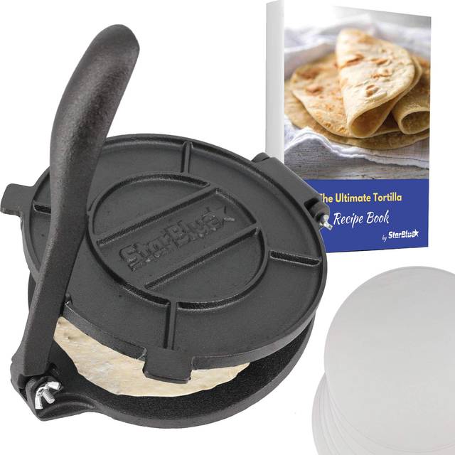 20 cm Gjutjärn Tortillapress av StarBlue med Gratis 100 Stycken Oljepapper Och Recept e-bok – Verktyg För Att Göra Indisk Stil Chapati, Tortilla, Roti