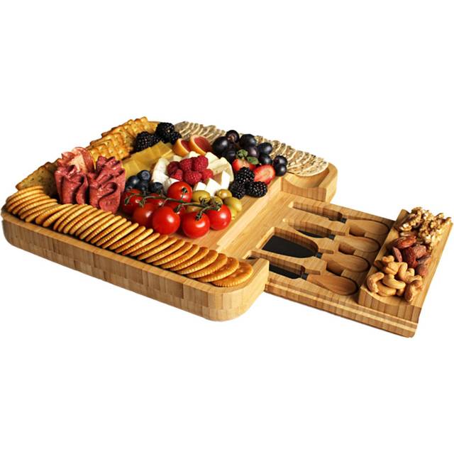 Cheese Board Gift Set, Includes 4 Cheese Knives, Charcuterie Board, Cheese Platter - Beige (34cm W X 34cm L X 4cm H)