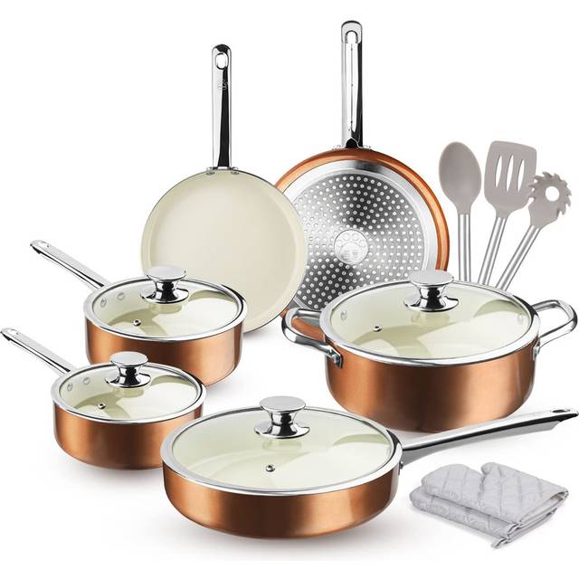 SHEIN Nonstick Pots And Pans Set, Cookware Set Non-Stick Ceramic Coating Cooking Set, Induction Pots Pans Set With Lids, Heavy Duty Stainless Steel Handles,