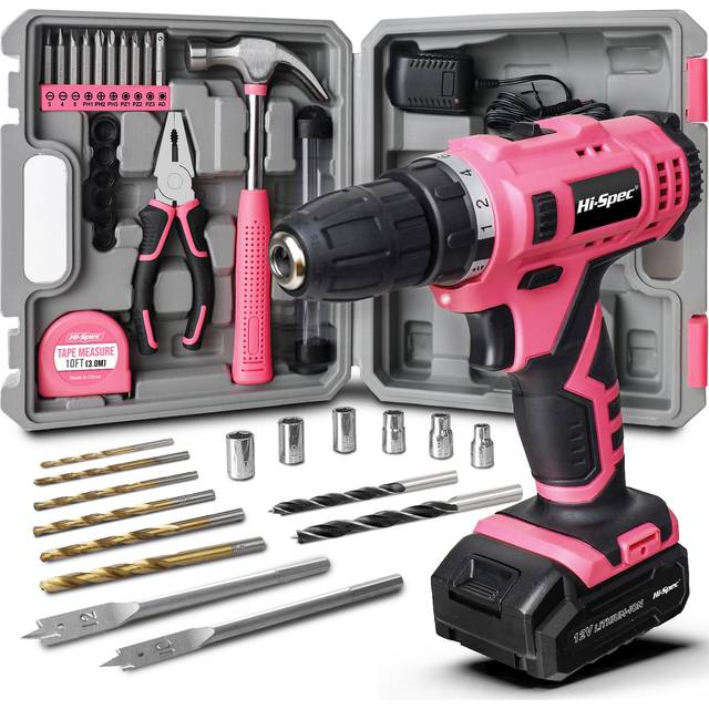 Hi-Spec Tool Set Box with 12V Cordless Drill, Pink Hand Tools Kit DIY Drill Set for Women 30 Pieces, Ladies Tool Box for Home with Electric