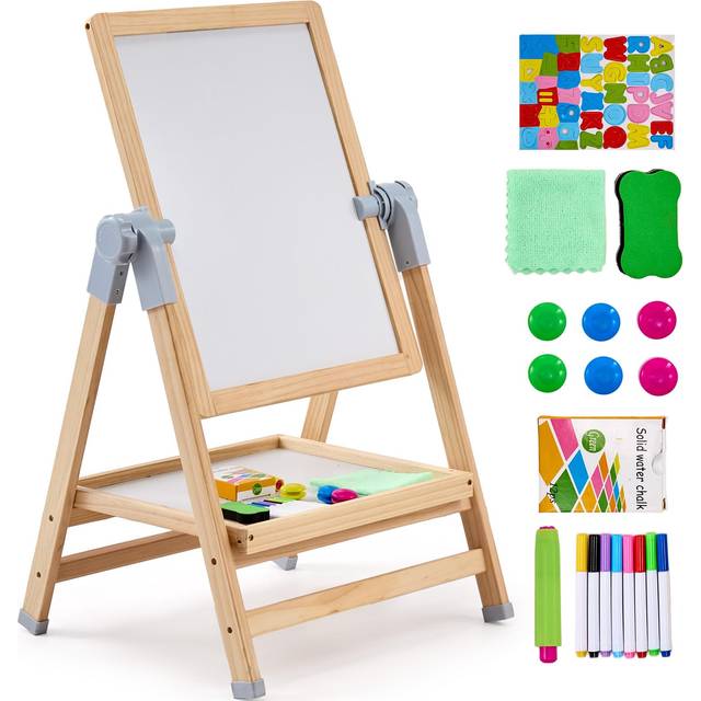 Art Easel for Kids, 2-in-1 Wooden Double-Sided Kides Art Easel with Magnetic Whiteboard & Chalkboard, Adjustable Standing Rotatable Foldable Drawing