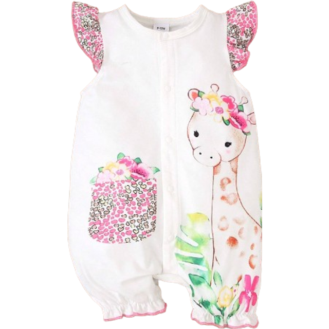 SHEIN Baby Girl Casual White Printed Giraffe Romper, Summer