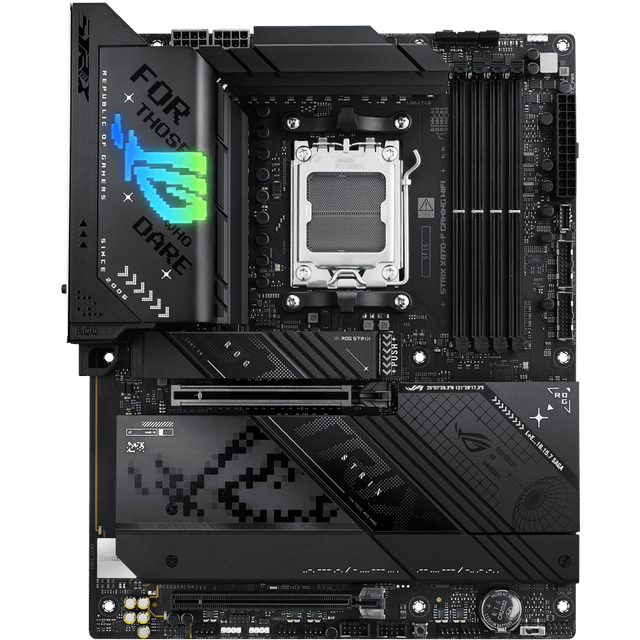 ASUS ROG Strix X870-F Gaming WiFi AMD-moderkort, 16+2 + 2 strömsteg, DDR5-kortplats, fyra M.2-platser, PCIe 5.0, nästa generations GPU, WiFi 7, USB 10G med PD 3.0 upp till 30 W och Aura Sync