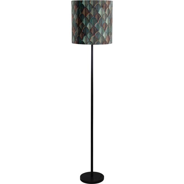 Floor Lamp Black with Velvet Lampshade Leaf Design and Gold Interior - Simplo