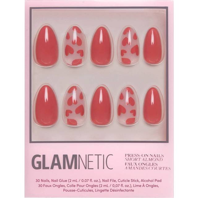 Glamnetic Press On Nails - Love Me | Red Short Almond Nails with Heart Accents  Reusable Stick On Fake Nails with Glue | Love In Bloom Valentines Nail