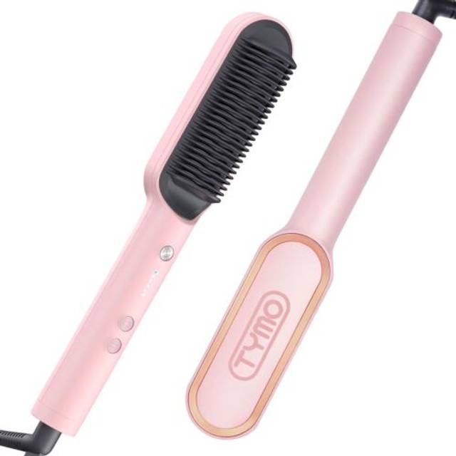 TYMO Ring Pink Hair Straightener Brush  Hair Straightening Iron with Built-in Comb, 20s Fast Heating & 5 Temp Settings & Anti-Scald, Perfect for
