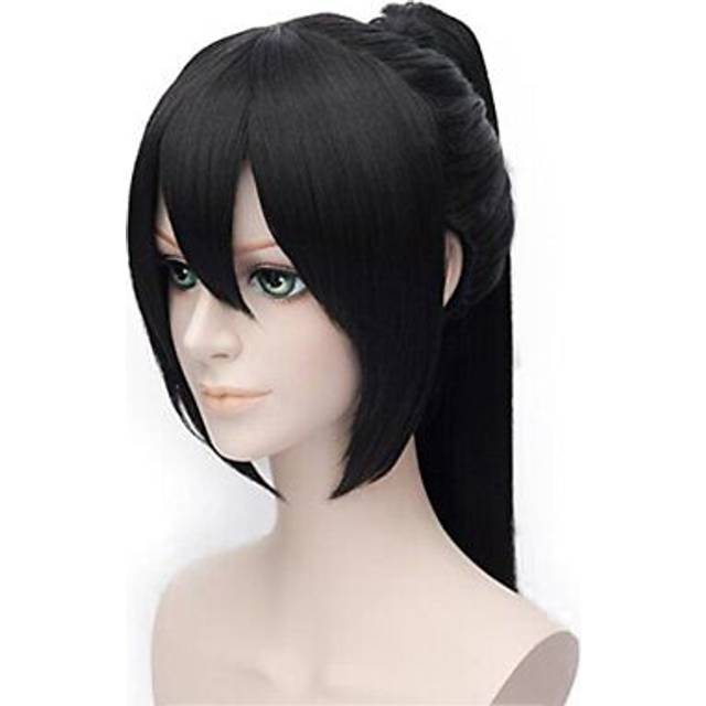 Alacos Long Straight Ponytail Wig With Bangs  Black Anime Cosplay Party Wig for Man +Wig Cap