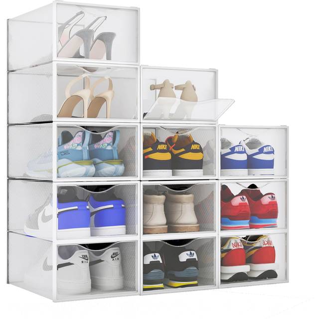 BINO 12-Pack Plastic Stackable Shoe Box Set - Clear | Foldable Shoe Storage Container | Sneaker Bins | Shoe Rack Box | Transparent | Portabl