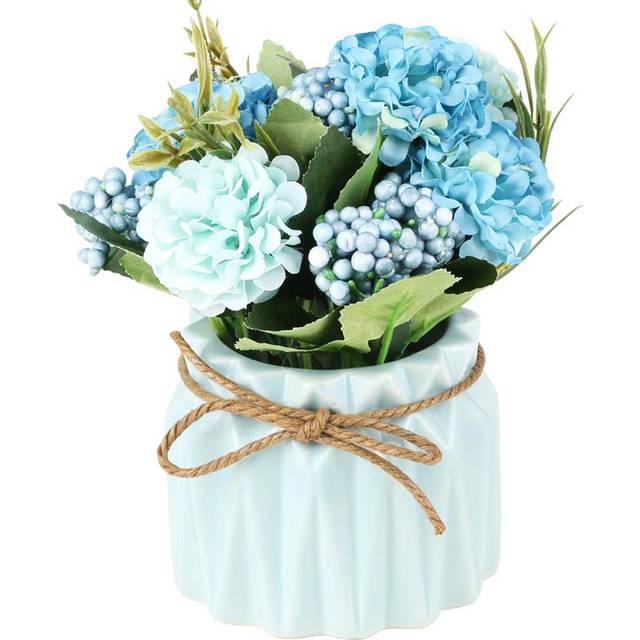 SUPNIU Artificial Hydrangea Bouquet with Small Ceramic Vase Fake Silk Variety Flower Balls Flowers Decoration for Table Home Party Office We