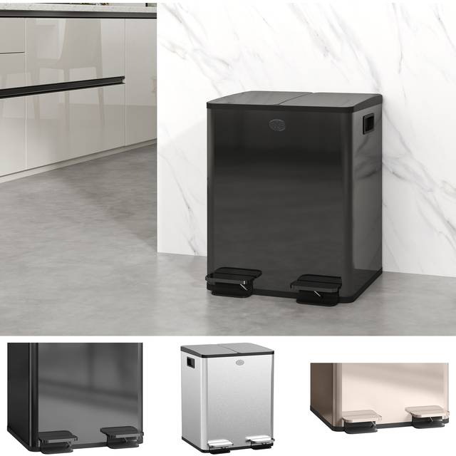 Homcom 40l Dual Compartment Stainless Steel Bin, With Deodoriser Holders - Black