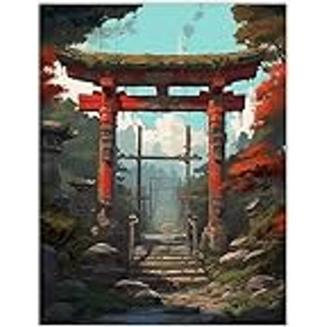 Wall Art Print Red Torii Gate Leading to Shinto Shrine in Forest Painting Steps to Sacred Grounds Temple in Tranquil Landscape Poster - Multi - W24 in - W24 inch x H32 inch