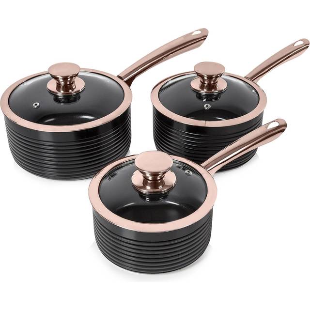 Non Stick Induction Saucepans Sets With Lids, Easy Clean, Black And Rose Gold, 3 Piece Set, 16/18/20 Cm (3)