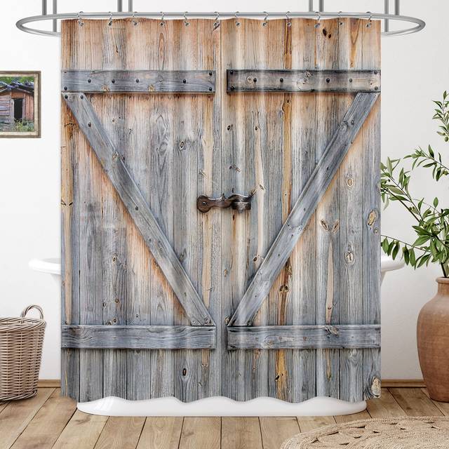 Riyidecor Extra Long Rustic Barn Door Shower Curtain 72Wx84H Inch Farmhouse Wooden Plank Country Barnwood Vintage 12 Pack Metal Hooks Decor Fabric Pol
