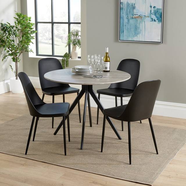 Core Products Aspen Grey Oak Round Table & 4 Black Duo Chair Dining Set, Grey