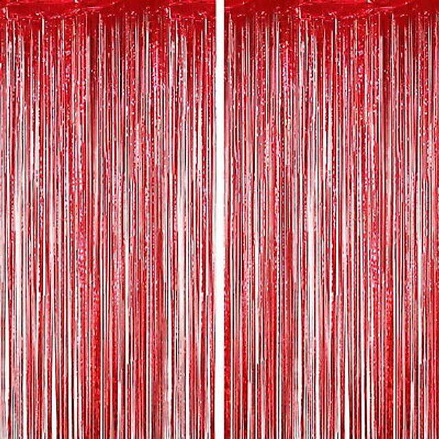 2 Pcs Metallic Tinsel Foil Fringe Curtain Streamer 3.3x8.2 Ft Red