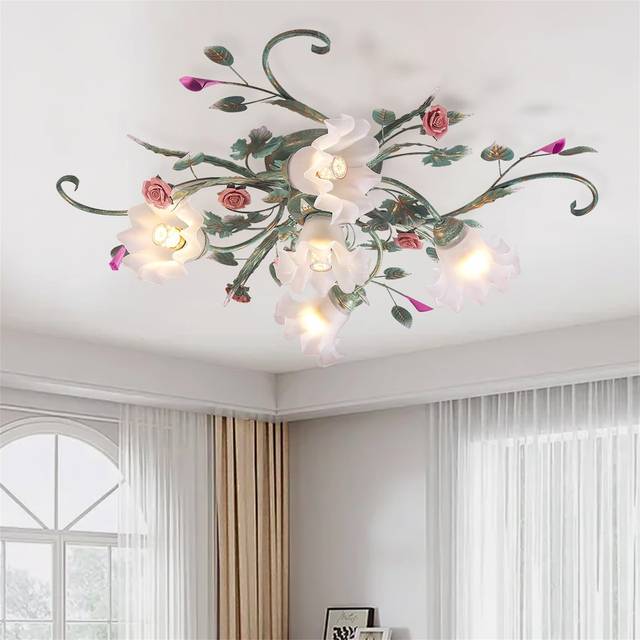 Country House Ceiling Lights, Chandelier With Glass Lampshade And Pink Ceramic Roses - Gold (60.96cm H X 215.9cm W X 215.9cm D)