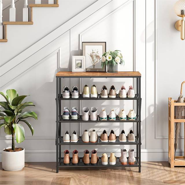 5-Tier Shoe Rack, Free-Standing Shoe Storage Rack, Can Accommodate 16-20 Pairs Of Shoes - Black;Brown (20)