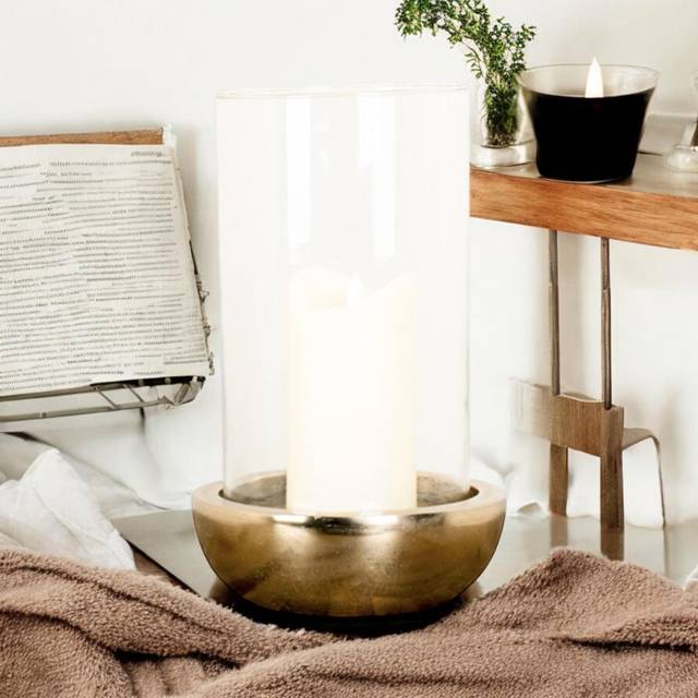 Wooden Base Hurricane Candle Holder - Brown (32cm H X 25cm W X 25cm D)