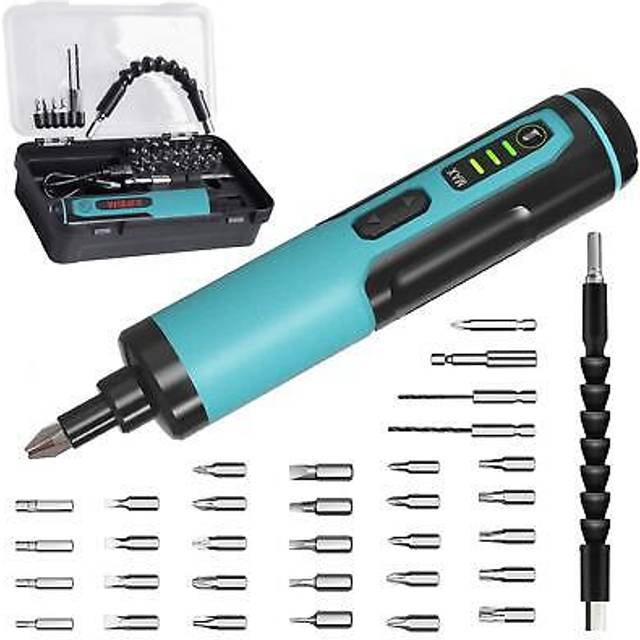 Electric Cordless Screwdriver Set Kiprim 4V Rechargeable Adjustable Torque Electric Screwdriver Gun with 33 Magnetic Bits Set (2 Drill Bits