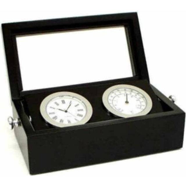 Bey-Berk International SQB570T Chrome Clock & Thermometer in Black Hinged Box with Glass Top