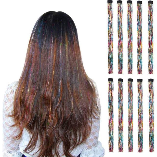 LiaSun 10Pcs/set Highlight Glitter Tinsel Hair Extensions Clip In - Colored Party Sparkling & Shiny Hair Extensions - Multi-Colors Hair Streak Bling H