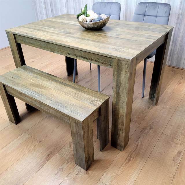 Dining Table Set for 4 Rustic Effect Dining Table With 2 Grey Velvet Chairs and 1 Matching Bench - Brown (4)