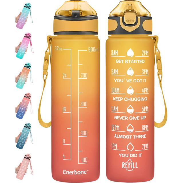 Enerbone 32 oz Water Bottle with Times to Drink and Straw  Motivational Drinking Water Bottles with Carrying Strap  Leakproof BPA & Toxic Free  Ensure