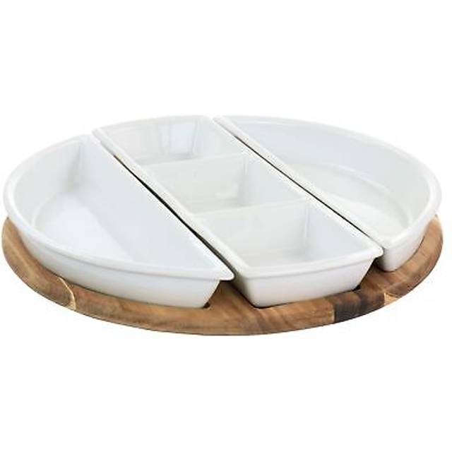 Gibson Elite 127270.04 Gracious Dining Fine Ceramic Sectional Tray Set with Acacia Wood Base - 4 Piece