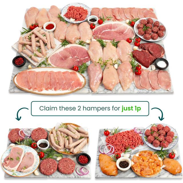 MuscleFood Premium Meat Hamper, 3 Hampers, Chicken, Beef, Pork, Low Fat Bacon, Sausages, Steaks, Meatballs, Freezer Essentials, Bulk Meat, Family,