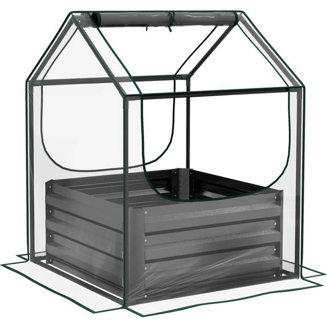 Outsunny Raised Garden Bed Planter Box with Greenhouse, Clear and Dark Grey