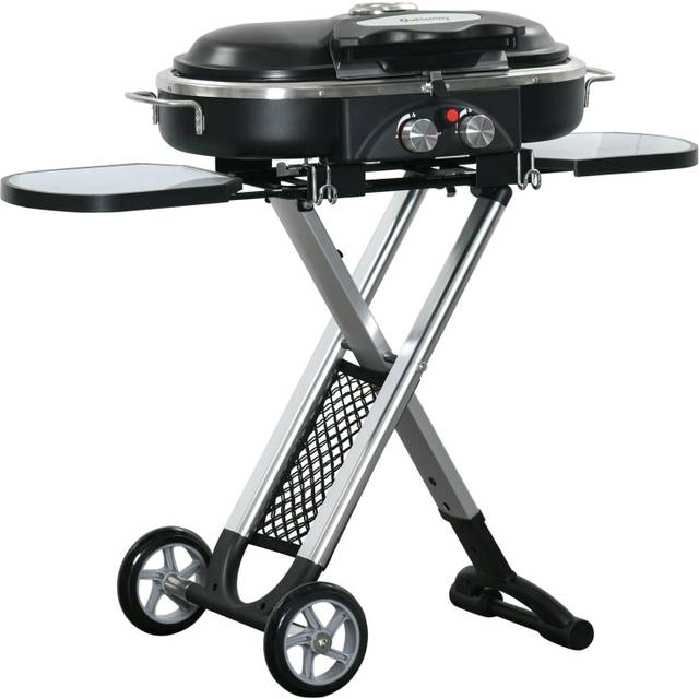 Outsunny Foldable Gas BBQ Grill 2 Burner Garden Barbecue Trolley w/ Lid Side Shelves Pocket Piezo Ignition Thermometer, Aluminium Alloy Aosom UK