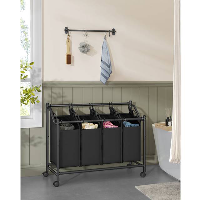 Rolling Laundry Sorter, Laundry Basket With 4 Removable Bags, Laundry Hamper, Laundry Trolley, For Laundry Room, Bedroom, Bathroom, 4 X 45 L - Ink Black (81cm H X 105cm W X 38.5cm D)