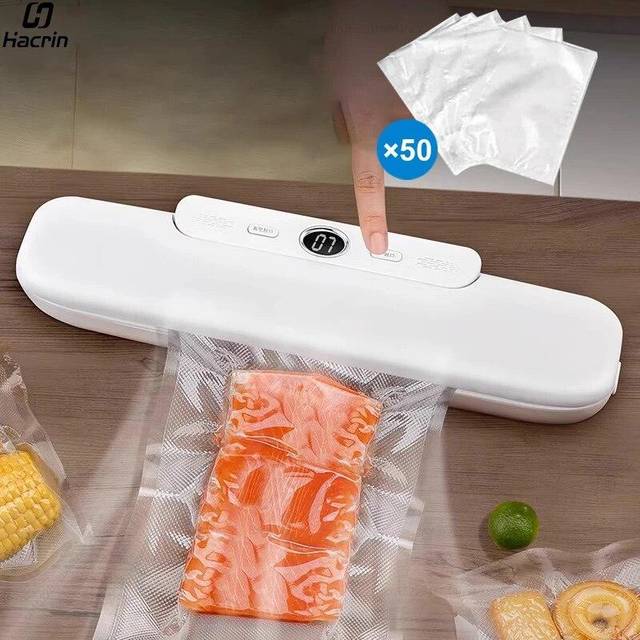 Food Vacuum Sealer Vacuum Packing Machine For Food 220V Automatic Household Food Vacuum Sealing Machine With 50pcs Vacuum Bags +10 bags white