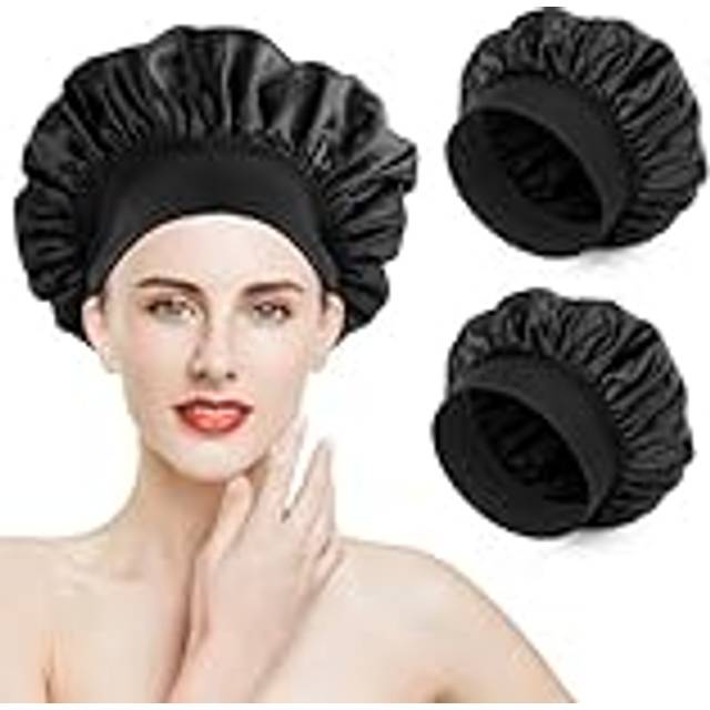 Romon Satin hårmössa, 2 stycken sovmössa, silke, sovmössa, bonnet natt sovmössa, justerbar sovmössa, huvudbonad, mjuk huvudbonad med elastiskt band för kvinnor och flickor, svart, En Storlek