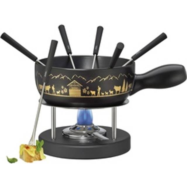 Spring Ostfondue-set MONTANA | tillverkad av keramik | svart med gyllene alpmotiv | Rechaud-brännare av metall/rostfritt stål | inkl. 6 fondue-gafflar | lämplig för alla fondue-typer | 2 l | Ø 22 cm