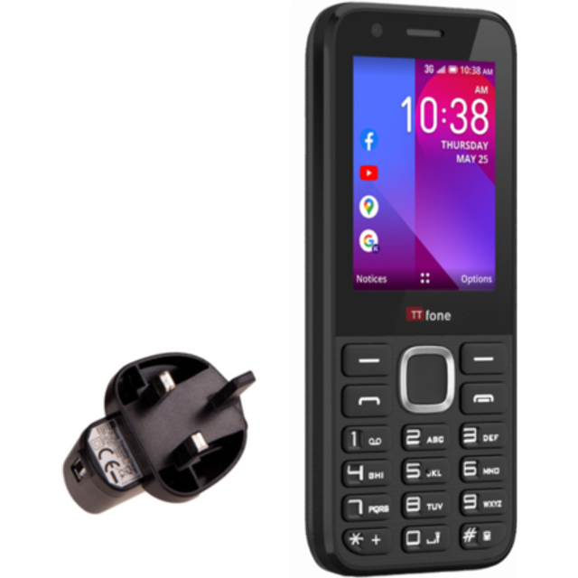 Simple black mobile phone, easy to use, mains & o2 sim included